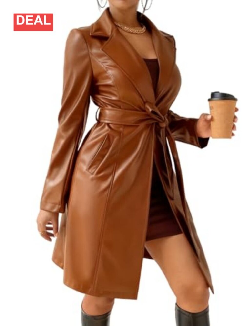 Faux Leather Trench Coat Belted Long Jacket Slim Fit